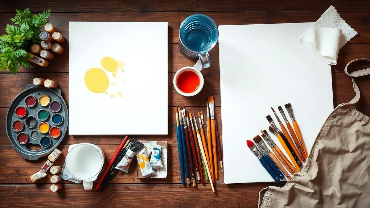Flat lay of acrylic paint tubes, brushes, canvases and a palette on a wooden table