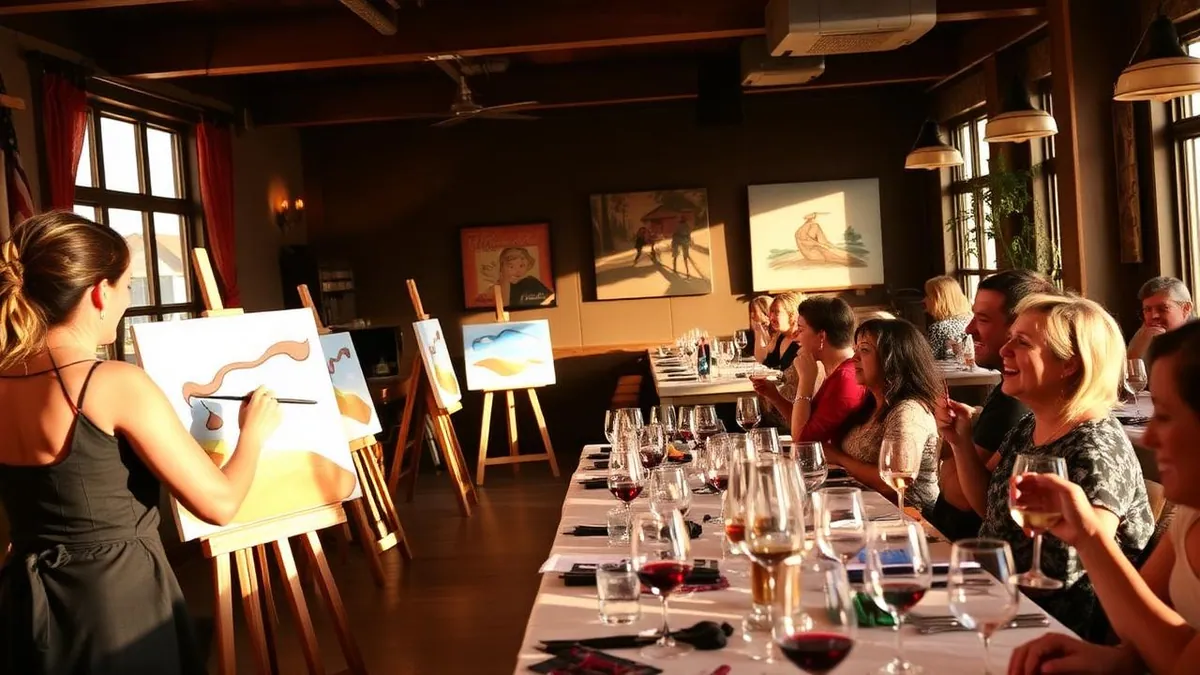 Female art instructor demonstrating a brush stroke at the front of a warm paint and sip event