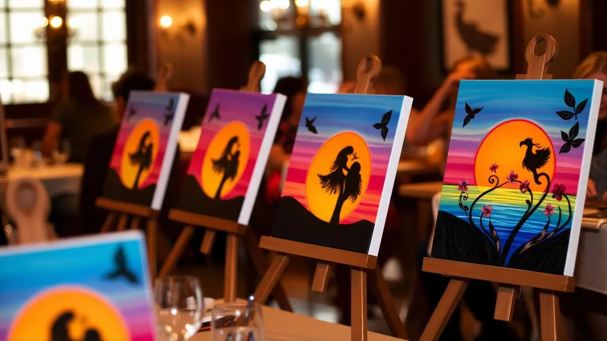 Row of finished beginner paint and sip canvases on easels in a warm bistro setting
