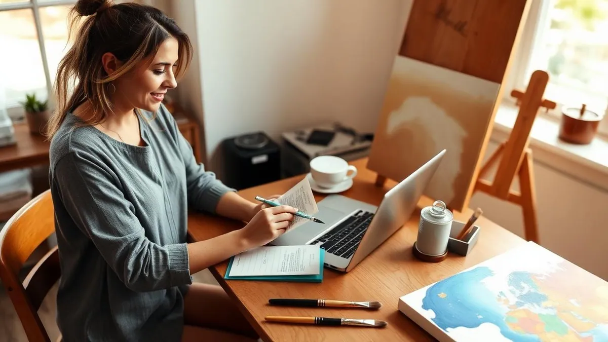 Studio owner reviewing pricing on a laptop with a notepad and canvases beside her