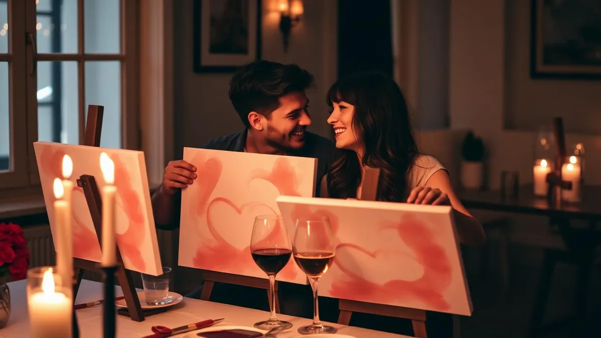 Couple painting matching canvases at a candlelit date night paint and sip event
