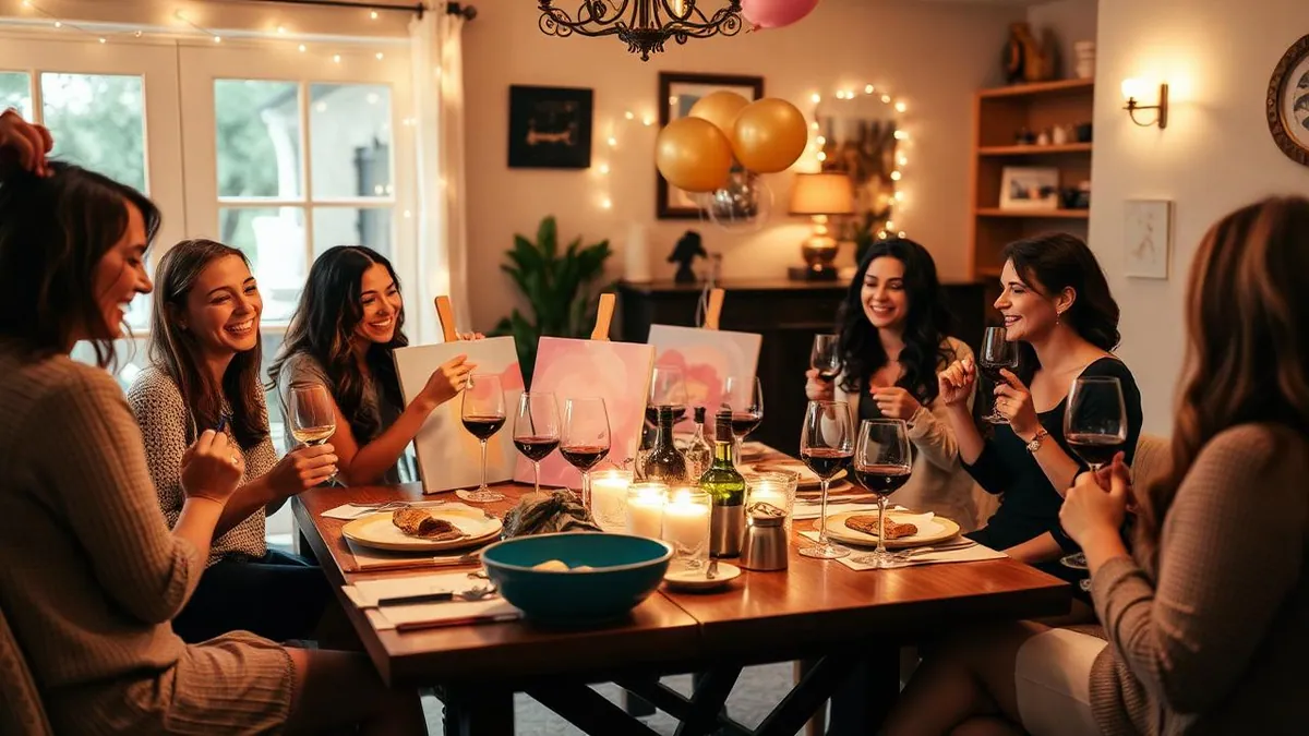 Group of friends laughing while painting at a private paint and sip party in a cozy living room