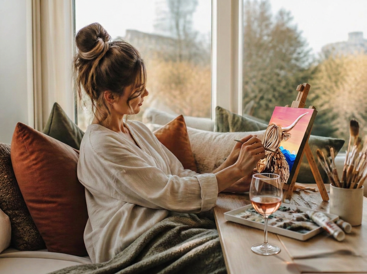 Woman snuggled up in a cosy bay window at home painting on a table easel
