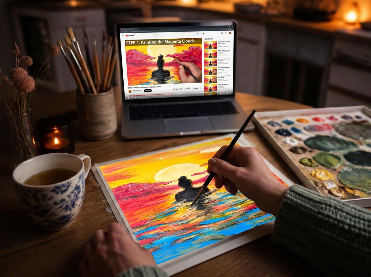 Hands following a painting tutorial on a laptop at a cosy kitchen table