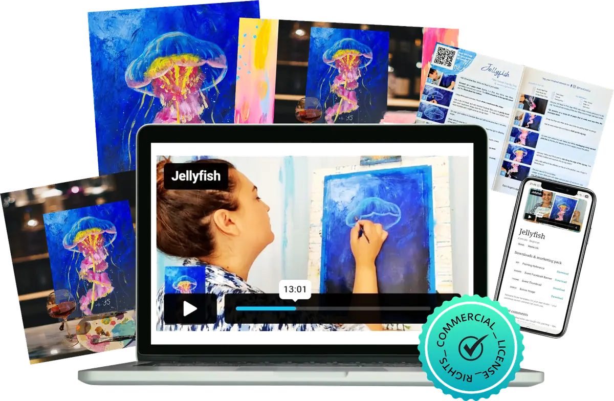 Jellyfish paint & sip design showcase — posters, video tutorial on laptop, printed instructions and mobile app preview